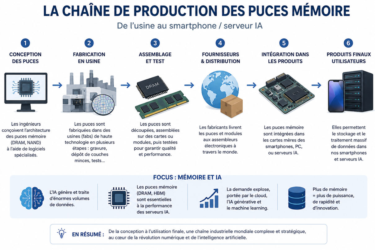 The image illustrates the process of chip production, from design to integration into products like smartphones and AI servers, emphasizing the role of memory chips and the increasing demand for data processing power.
Le contenu généré par l’IA peut être incorrect.