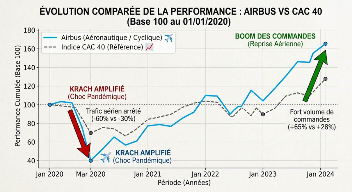 The image shows a comparative line graph illustrating the performance evolution of Airbus and CAC 40, with Airbus's order volume experiencing a significant increase despite a drop in air traffic due to the pandemic.
Le contenu généré par l’IA peut être incorrect.